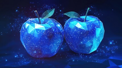 Two Blue Crystal Apples Glowing, Dark Background, Digital Art, Website Banner