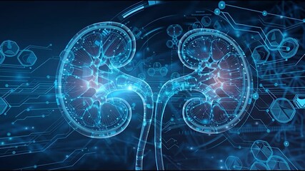 A digital illustration of human kidneys highlighted with glowing blue lines and technological elements. - Powered by Adobe
