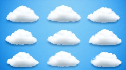 Nine fluffy white clouds against a blue sky, digital illustration, website design