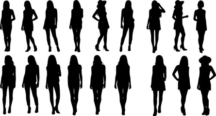 silhouettes of diverse women, various poses, standing, walking, arms at sides, hands on hips, wearing dresses, pants, skirts, tops, long hair, short hair, hats, confident, stylish, black and white