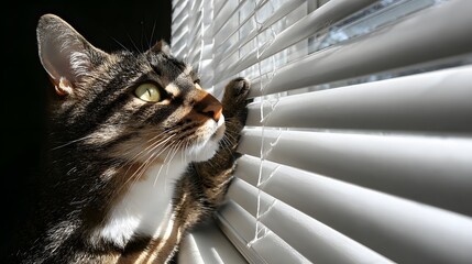 Tabby cat looks out window blinds.