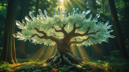 Crystal tree of life in magical forest with sun rays fantasy art nature landscape background wallpaper image
