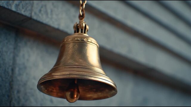 A shiny brass bell hangs from a chain against a stone wall background.