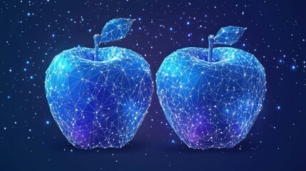 Two glowing blue apples, low-poly style, dark space background, tech concept