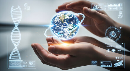 Hands gently cradle a glowing Earth globe surrounded by a digital interface, suggesting environmental protection, technology, and global connectivity. A DNA ...