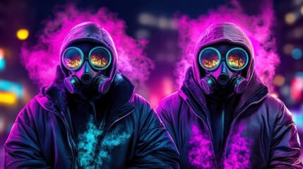 Cyberpunk duo, gas masks, city night, neon smoke, dystopian