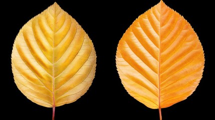 Two autumn leaves, isolated, yellow, orange, fall, nature, design, background