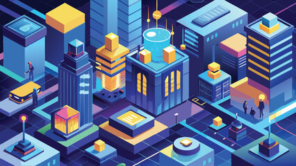 Isometric futuristic city with glowing lights and abstract buildings urban