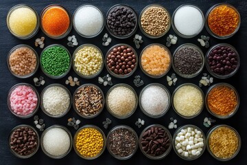 Assorted colorful candy sprinkles fill glass bowls on a dark surface. Perfect to use for baking, decoration, or confectionery projects.