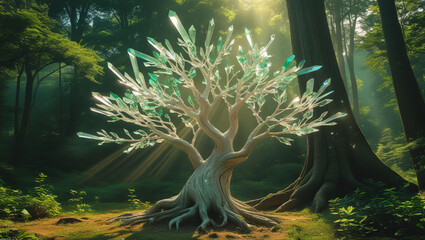 Crystal tree forest magical nature fantasy landscape ethereal enchanted mystical sunlight trees light