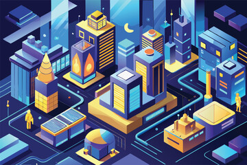 Isometric futuristic city with glowing buildings and yellow figures at night cityscape