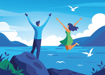 Man and woman celebrating with raised arms by a blue lake and mountains jumping
