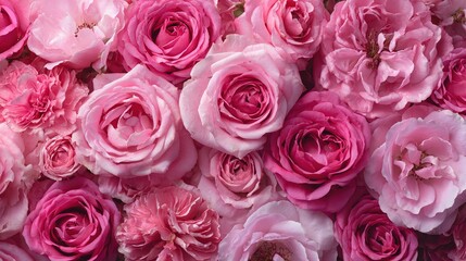 Obraz premium Pink rose wall flat lay: highly detailed floral composition with soft hues for beauty packaging, wedding invitations and feminine designs