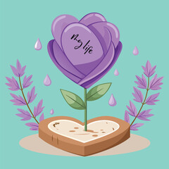 Purple heart shaped flower with 'my life' text and falling droplets vector