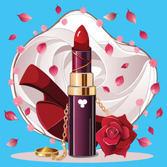 Red lipstick with gold chain and rose petals on blue background makeup beauty