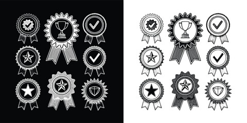 Set of Hand Drawn Award Ribbons with Trophy, Stars, Checkmarks, and Medals in Vintage Engraving Style for Certificate or T Shirt Design