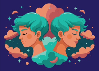 Two profile faces with teal hair and orange skin surrounded by clouds and stars Gemini