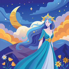Woman with blue hair and crown in a fantasy landscape under a crescent moon vector