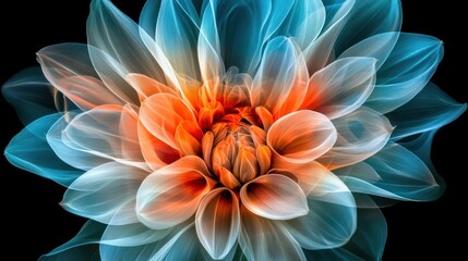 Abstract glowing dahlia, dark background, vibrant colors, digital art, website design
