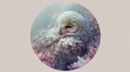 Soft and Serene Owl Nestled Among Delicate Blossoms in a Dreamy Pastel Landscape Capturing Nature's Beauty and Tranquility in Visual Harmony