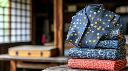 Japanese polka dot kimono fabrics stacked workshop