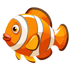 Cute cartoon clownfish with orange and white stripes swimming isolated on white background