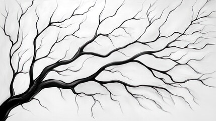Black tree branch painting, minimalist art, white background, wall decor