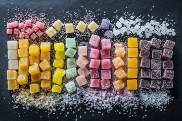Assorted fruit jelly candies with sugar are on dark surface. Perfect for illustrating sweets, treats, or a colorful dessert option.