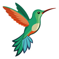 Stylized illustration of a vibrant green hummingbird with orange wings in flight