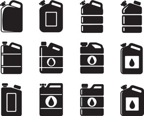Black silhouette jerrycans with liquid drop symbols canister fuel