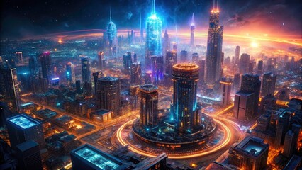 Hypertech Metropolis: Aerial Fractal Cityscape - Otherworldly Glow, Shimmering Energy, Futuristic Architecture