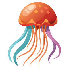 Vibrant cartoon jellyfish with flowing tentacles in shades of orange blue and purple