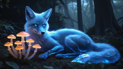 Glowing fox in dark forest with mushrooms digital art fantasy creature wildlife ethereal magical nature scene