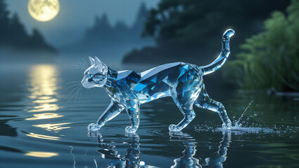 Crystal cat walking through water at night with full moon reflection animal art sculpture nature scene