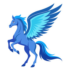 Majestic blue pegasus with spread wings in a dynamic pose against a white background