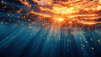 Sunlight pierces through water, creating golden reflections and illuminating underwater bubbles and rays.