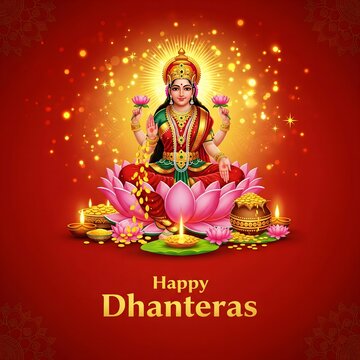 Goddess lakshmi seated on a lotus flower with offerings and golden coins on dhanteras festival