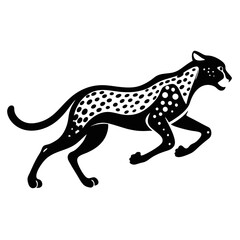 Stylized black and white illustration of a running cheetah with spots