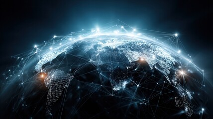 Luminous lines are connecting different parts of europe at night, symbolizing data exchange and global communication