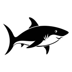 Stylized black silhouette of a great white shark swimming on a white background