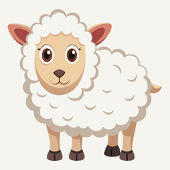 Cute cartoon sheep with fluffy white wool and big brown eyes standing on a light background