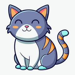Cute cartoon cat with blue and orange stripes sitting happily with closed eyes