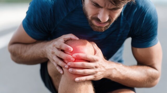 Athlete experiencing sharp knee pain, inflammation indicated by bright red area after rigorous workout