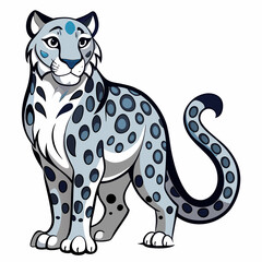 Cute cartoon snow leopard with blue markings standing on a white background