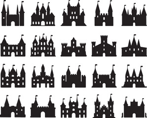 Fototapeta premium Fantasy castles with towers and flags silhouette medieval castles fantasy architecture