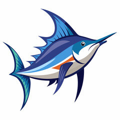 Stylized illustration of a blue marlin fish with fins and tail extended isolated on white background