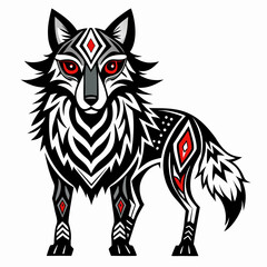 Stylized wolf with tribal patterns and red eyes on white background