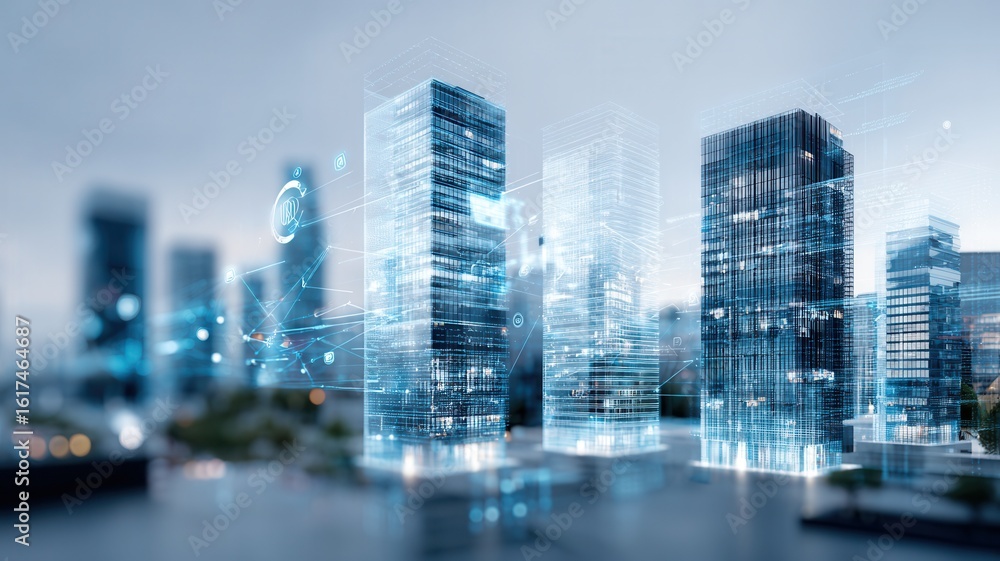 Poster holographic projection of a futuristic smart city emerging from a digital network grid, symbolizing 