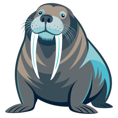 Cute cartoon walrus with large tusks and blue eyes on a white background