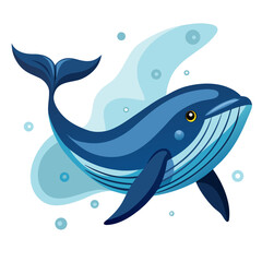 Stylized blue whale swimming gracefully through abstract blue water with bubbles